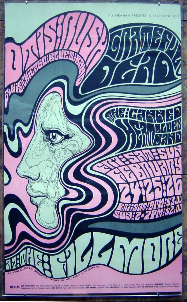A super groovy Grateful Dead poster for a 1967 show at the Fillmore West in San Francisco. I wonder what Barlow would think of the watermark tag on this poster, signifying its "ownership" by the Vault, which will also sell you a reproduced hard copy of the poster. They might own the real property here in the form of the poster they made this quality scan of, but should they be able to claim every reproduction - not matter how intangibly - that is distributed across the internet?  