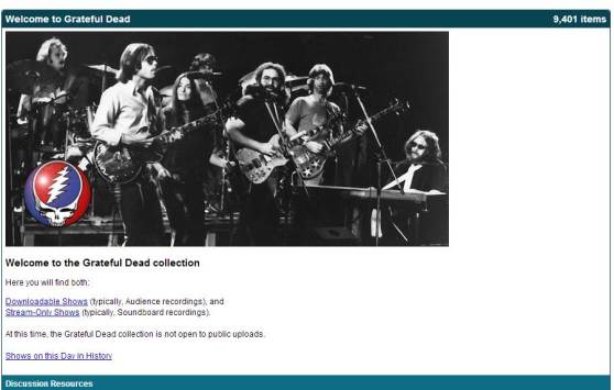 The homepage for the Grateful Dead Internet Archive collection of streamable and downloadable music.